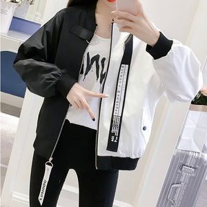 Two-Tone Lettering Zip Bomber Jacket